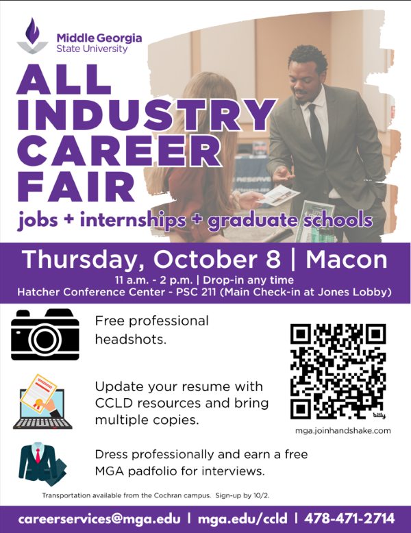 Middle Georgia State University All Industry Career Fair flyer for Thursday, October 8, 11 a.m. to 2 p.m. at the Macon Campus Hatcher Conference Center. Details include jobs, internships, and graduate schools, free professional headshots, resume updates, free padfolios for professional attire, a Handshake QR code, and contact information.   